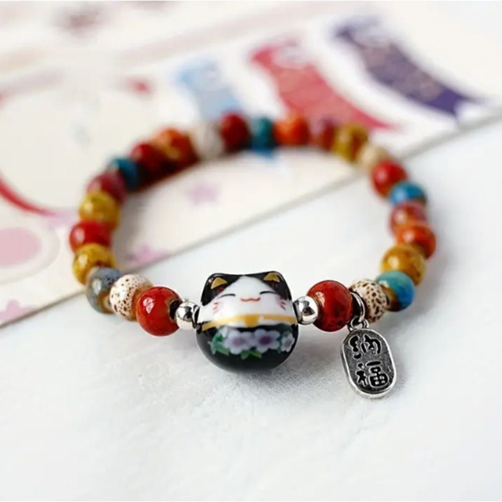 New! Lucky Cat Beaded Ceramic Bracelet in Black